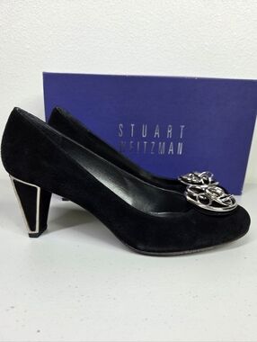Stuart Weitzman "Sahara Cosmos' Black Suede Heels with Silver Accents